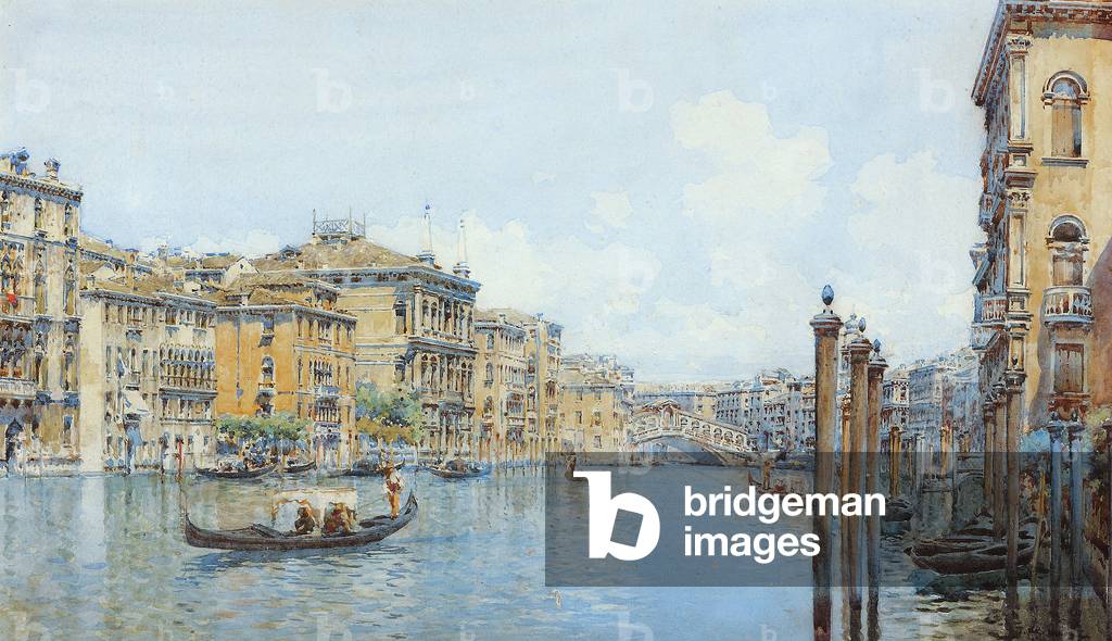 Der Canal Grande mit Blick auf den Palast Papadopoli vor der Rialto-Brücke (Aquarell & Bleistift auf Papier)