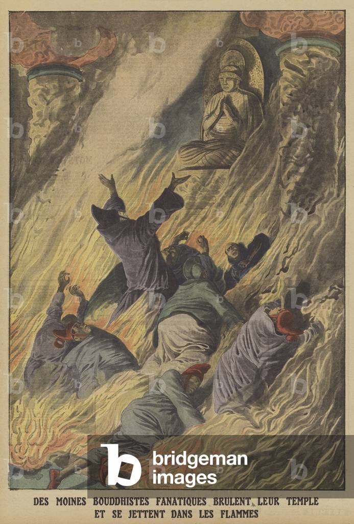 Fanatische buddhistische Mönche brennen ihren Tempel und werfen sich in die Flammen auf der Insel Formosa (Far