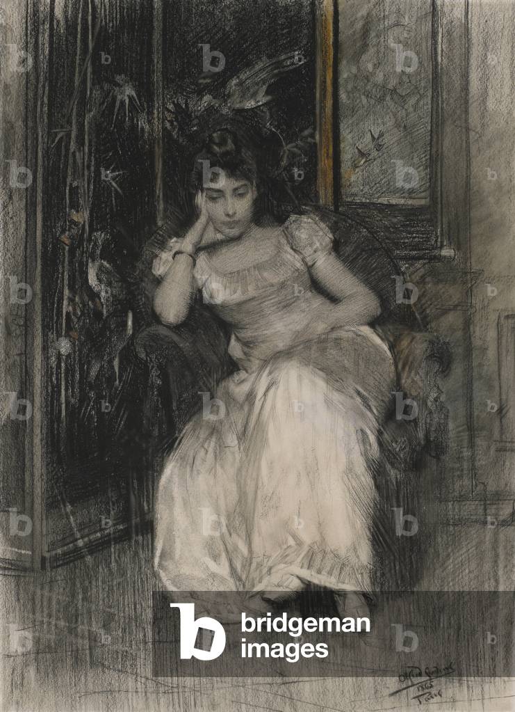 Immagine di Disegno "Mademoiselle de Clermont-Tonnerre", 1865 di Alfred Emile Stevens, b/w