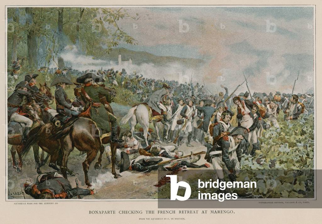 Bonaparte überprüft den französischen Rückzugsort in Marengo (Farblitho)