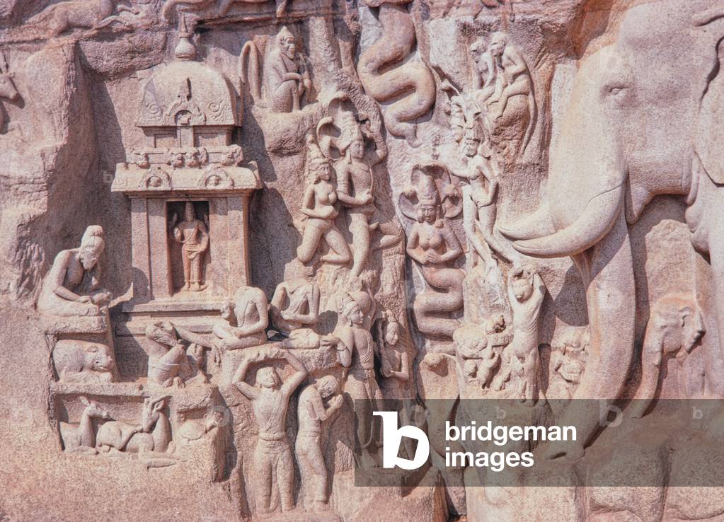 Penitenza di Arjuna, Discesa del Gange, Scultura rupestre, scultura in pietra, Mahabalipuram, India, 1971 (fot