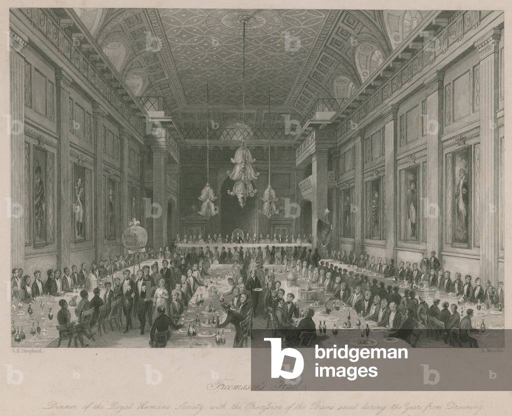"Sala Massone; Cena della Royal Humane Society (incisione)" di Thomas Hosmer Shepherd