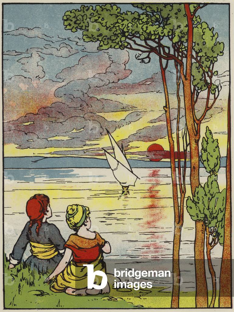 "Ein kleines Schiff war auf dem Meer (Farbe litho)" von English School