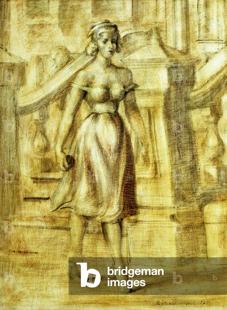 Lady Strolling: Eine Doppelmalerei, 1951 (Bleistift und Öl waschen auf Platte)