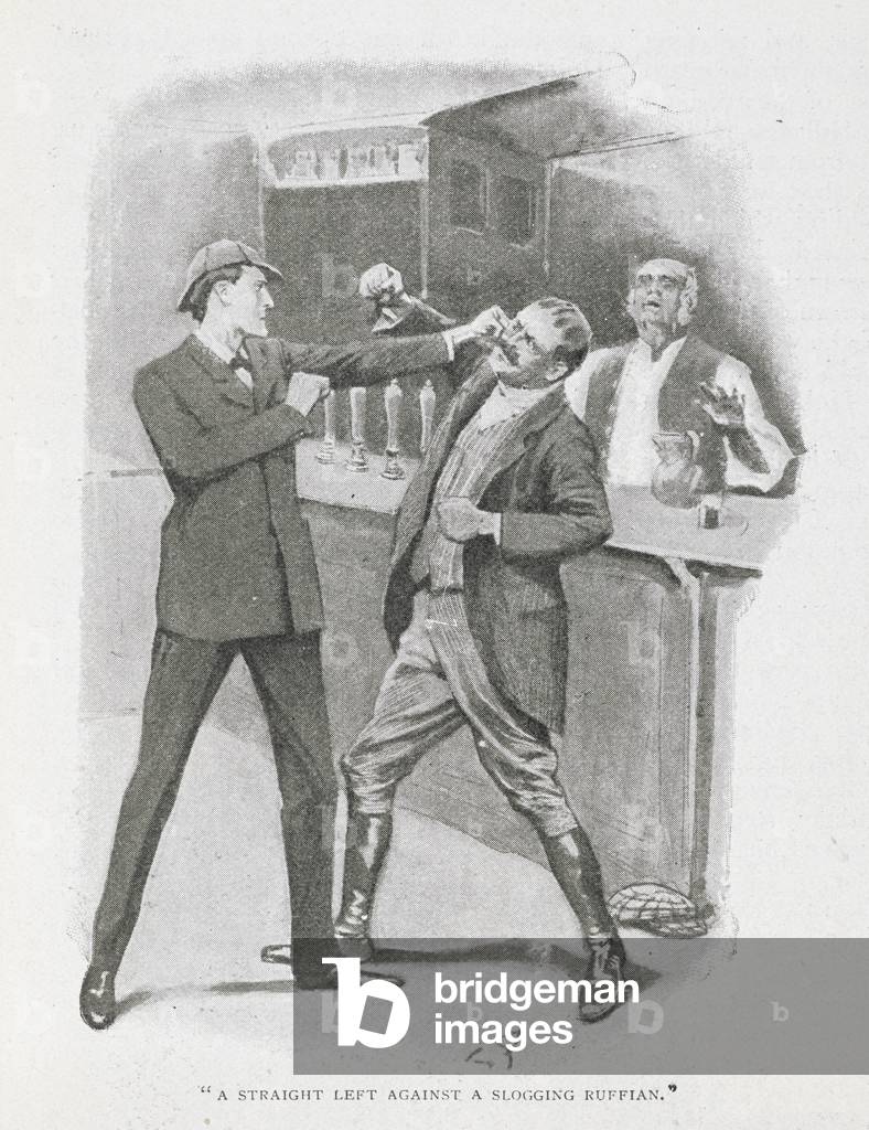 "A straight left against a slogging ruffian." Illustration for the story 'the adventure of the solitary cyclis