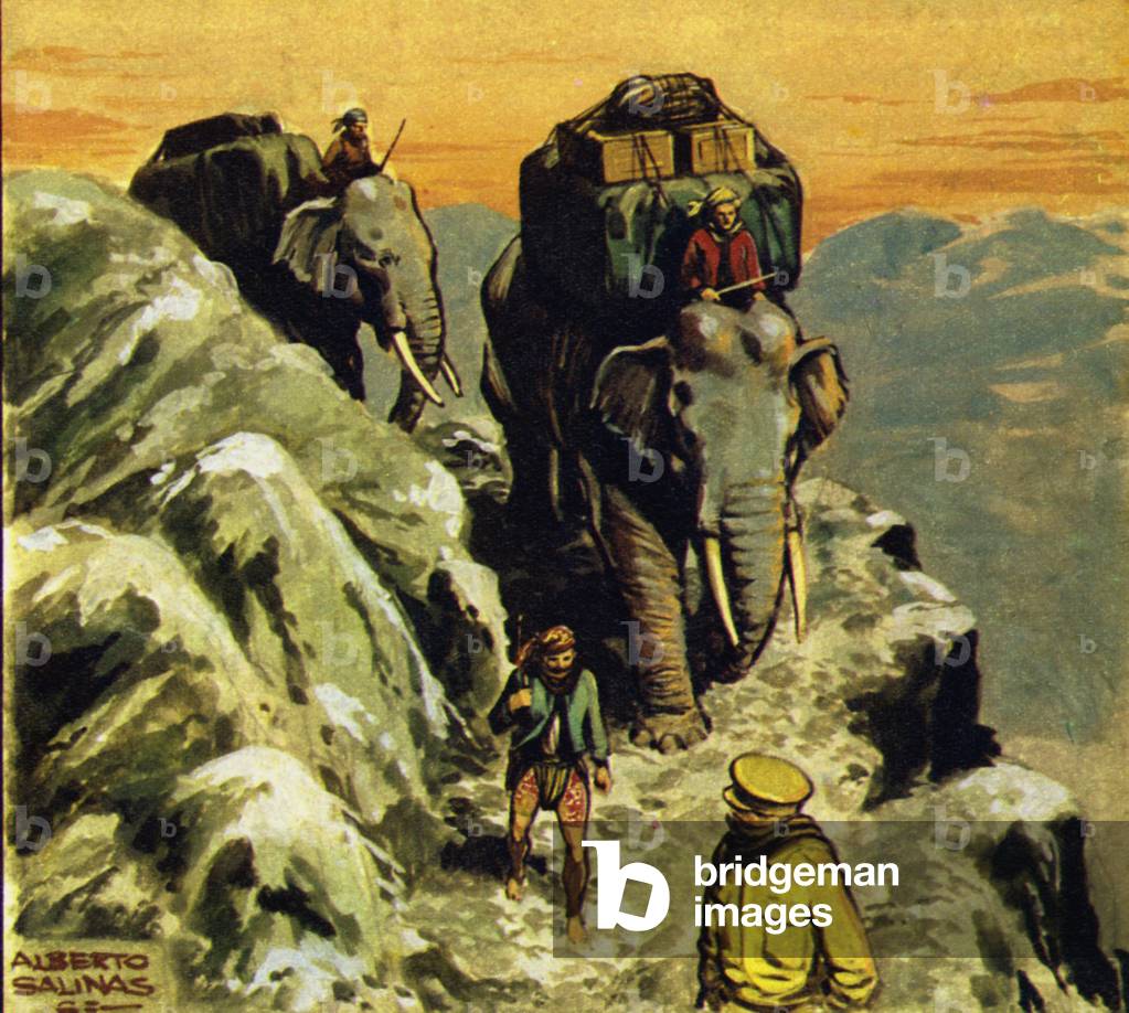 Bandoola condusse gli altri elefanti al sicuro in India, illustrazione da 'Elephant Bill' (litografia a colori