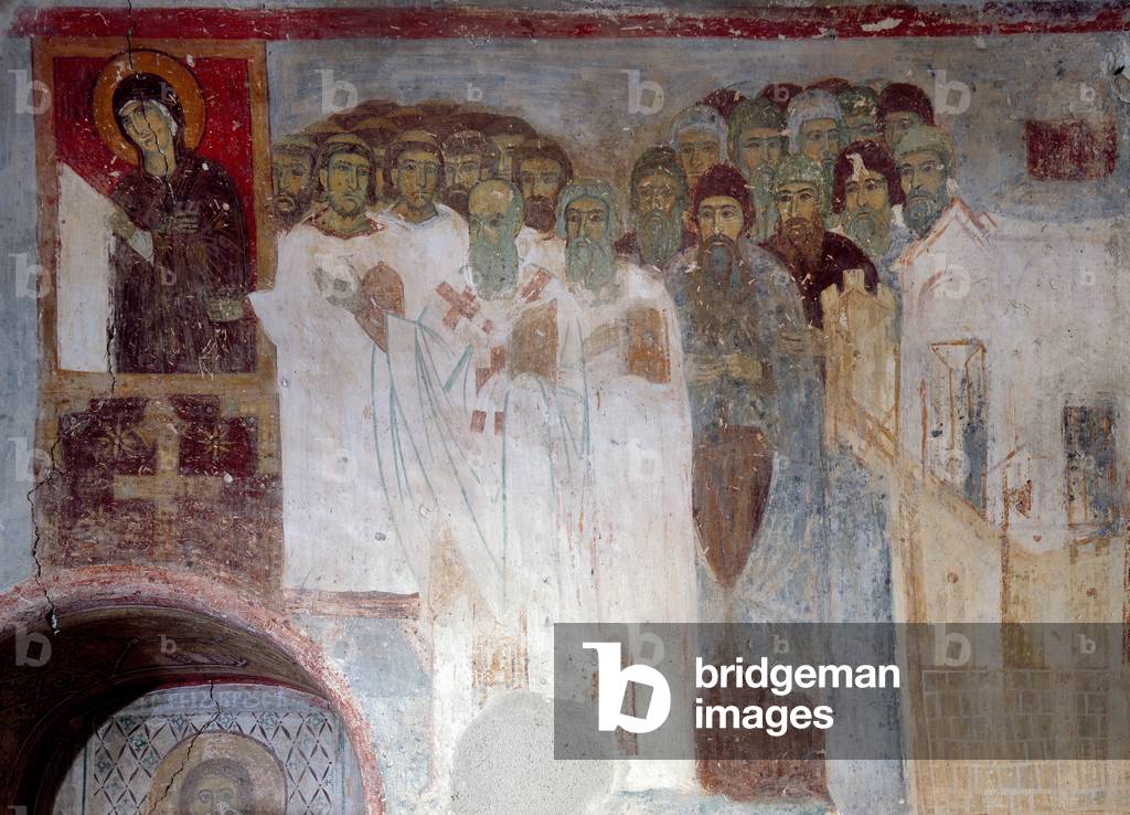 Immagine di Dipinto "Arte bizantina: Stevan Nemanja con il modello della chiesa - Chiesa della Theotokos - Sve
