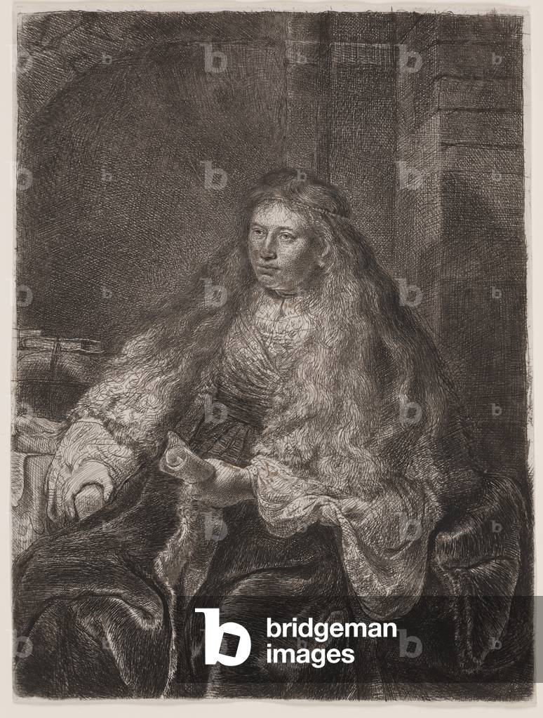 Ragazza con i capelli lunghi che le cadono sulle spalle, o «La grande sposa ebrea», 1635 (incisione e puntasec