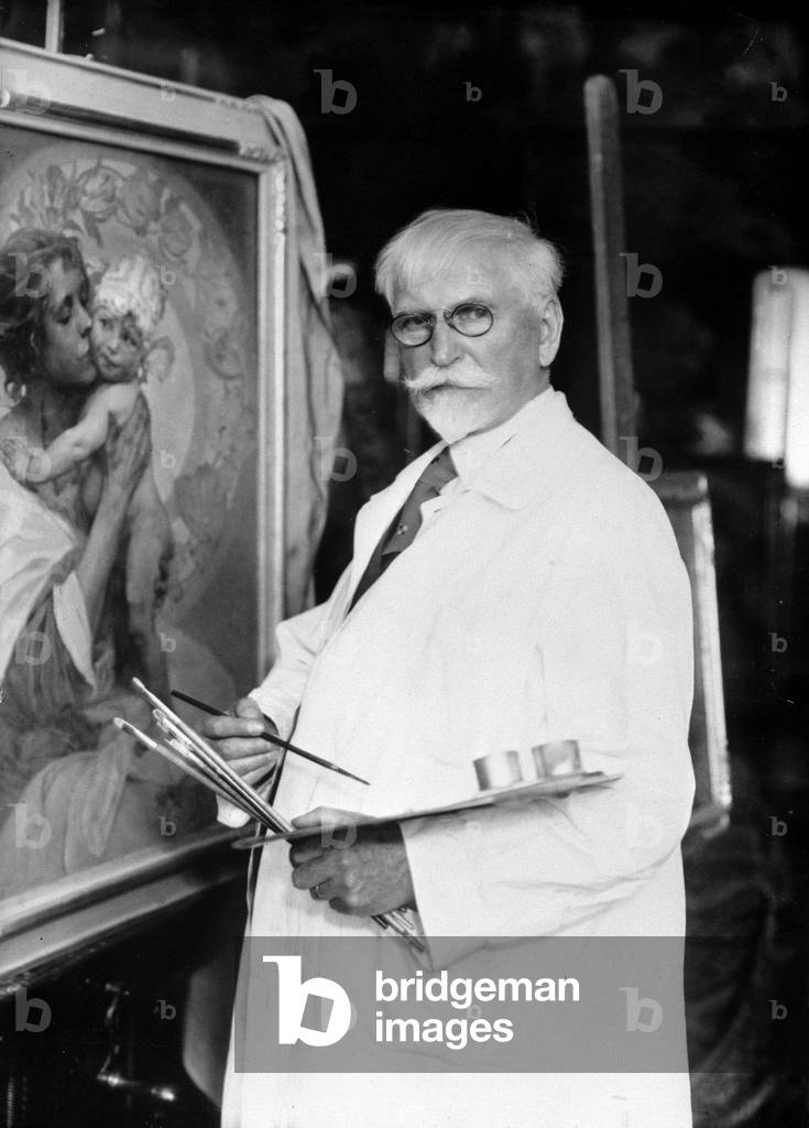 Immagine di Fotografia "Pittore ceco Alfonse Mucha nel suo atelier (Studio). 1929.", b/w