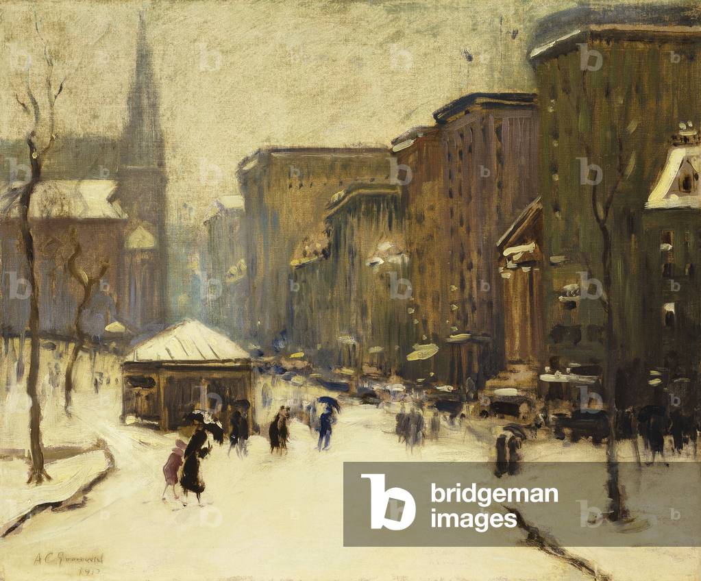 Immagine di Dipinto "parco strada chiesa in neve 1913 (olio su tela)", 1913 di Arthur Clifton Goodwin
