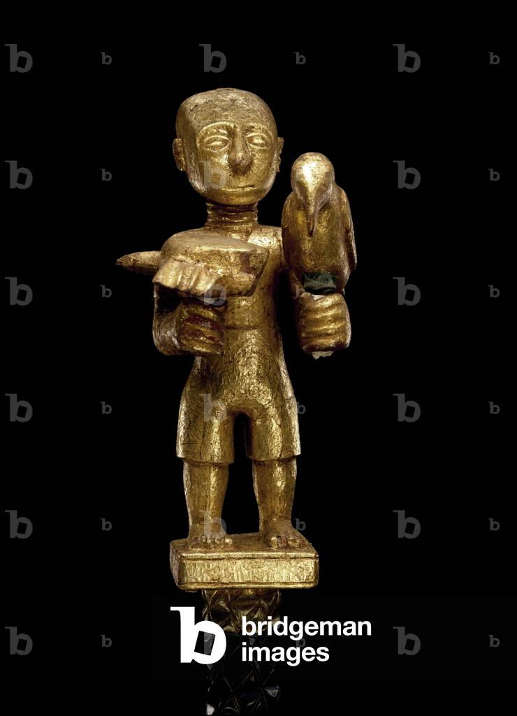 Linguist Staff Finial Representing a Man Holding a Bird and a Crab by Akan Artist, b/w