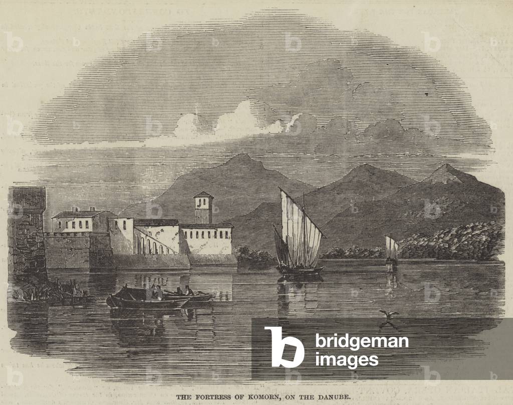 "Die Festung von Komorn" 1849 von English School, b/w