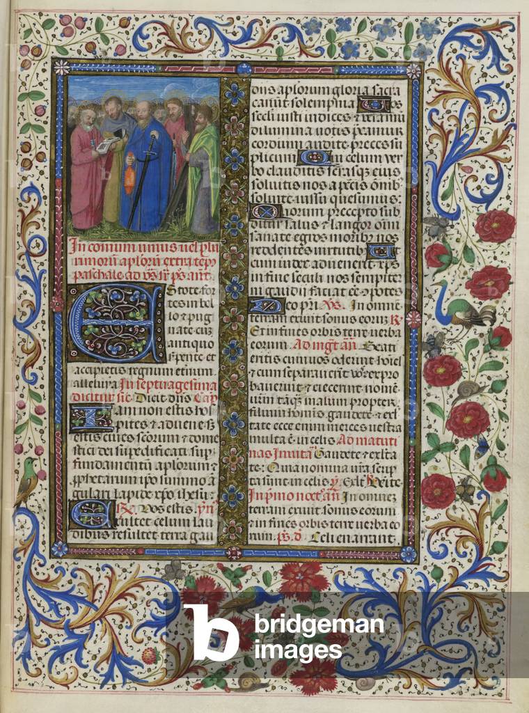 "Comune dei Santi. Un gruppo di apostoli. Bordo floreale e testo con iniziali."