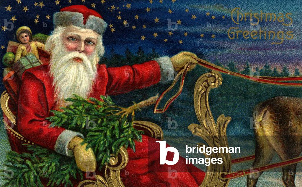 "Saluti di Natale con Babbo Natale Holding Reins", 1910s di Unknown Artist