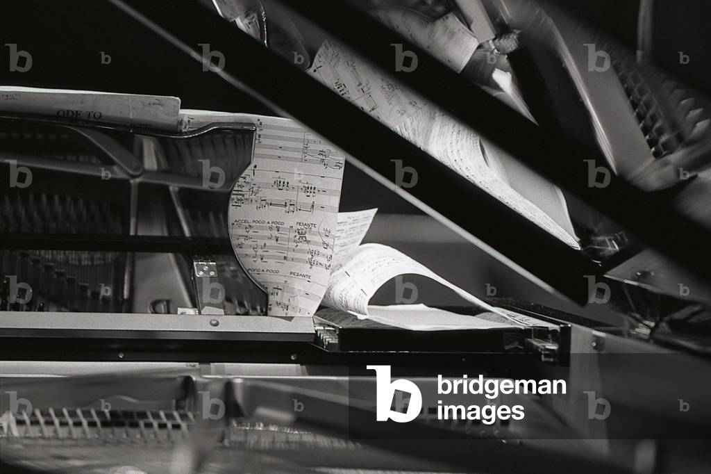 Image of Photography depicting Piano - view through the open lid of a grand piano showing the music stand and 