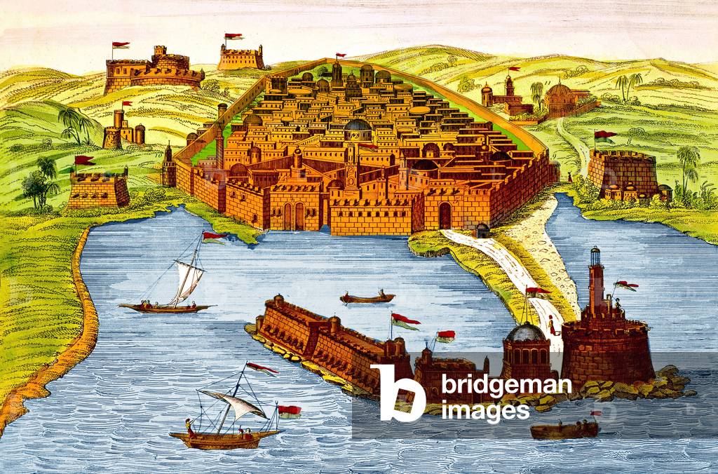 Veduta del porto e della città fortificata di Algeri in Algeria nel XIX secolo