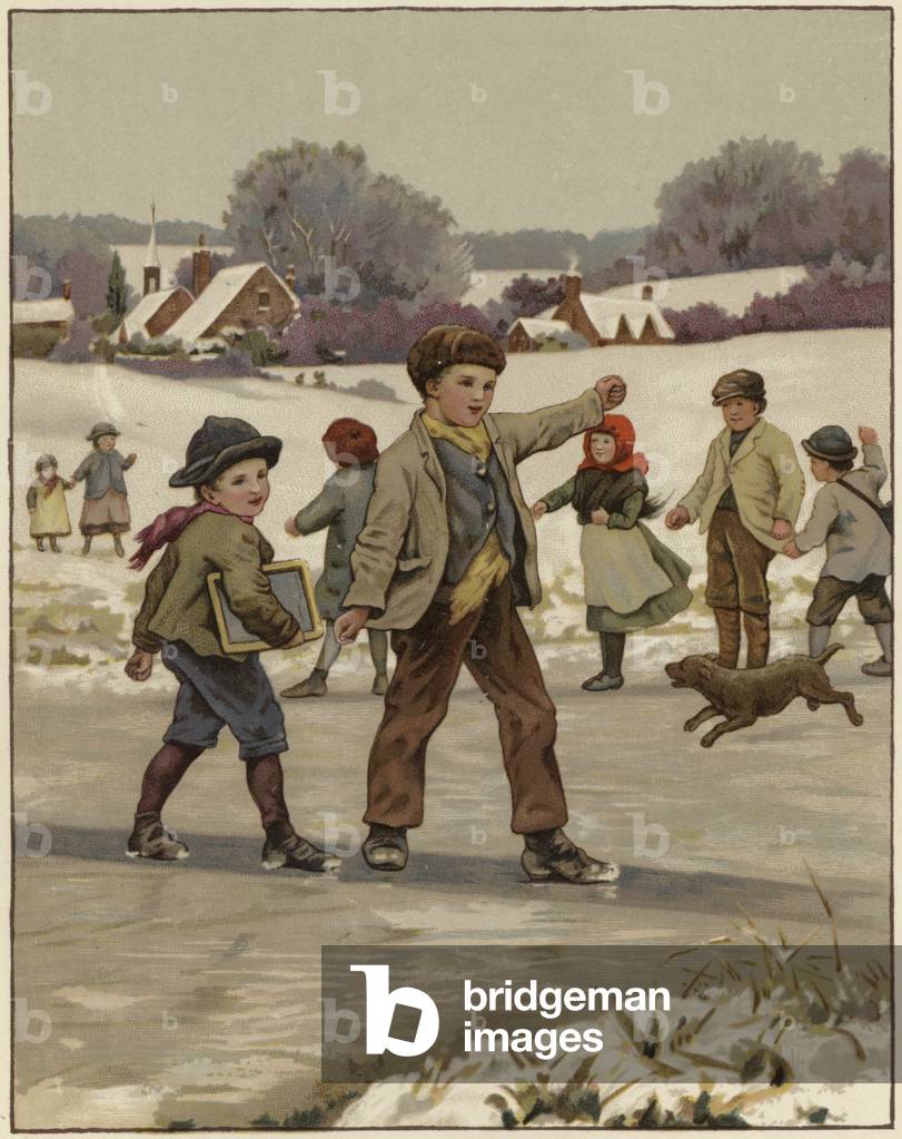 Zwei junge Jungen Skaten auf einem gefrorenen See (Farbe litho)