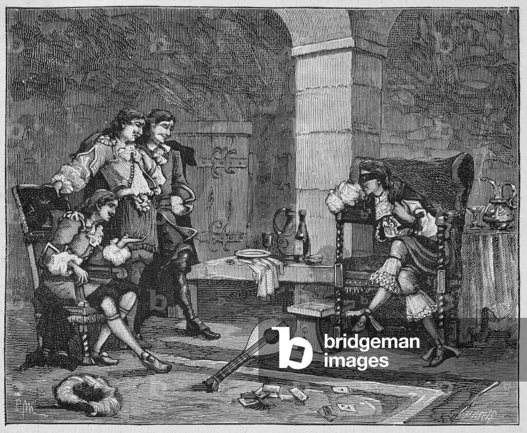 Bild von Gravur "Offiziere beim Essen mit dem Gefangenen mit der Samtmaske (Eisenmaske) in der Bastille (Gravu