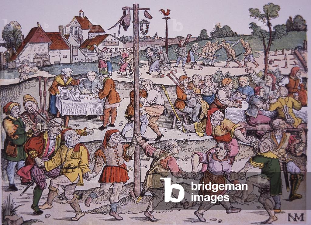 Contadini che ballano (incisione a mano colorata)