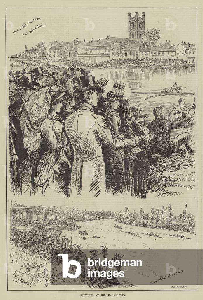 "schizzi a henley regatta (incisione)" 1884 di English School, b/w