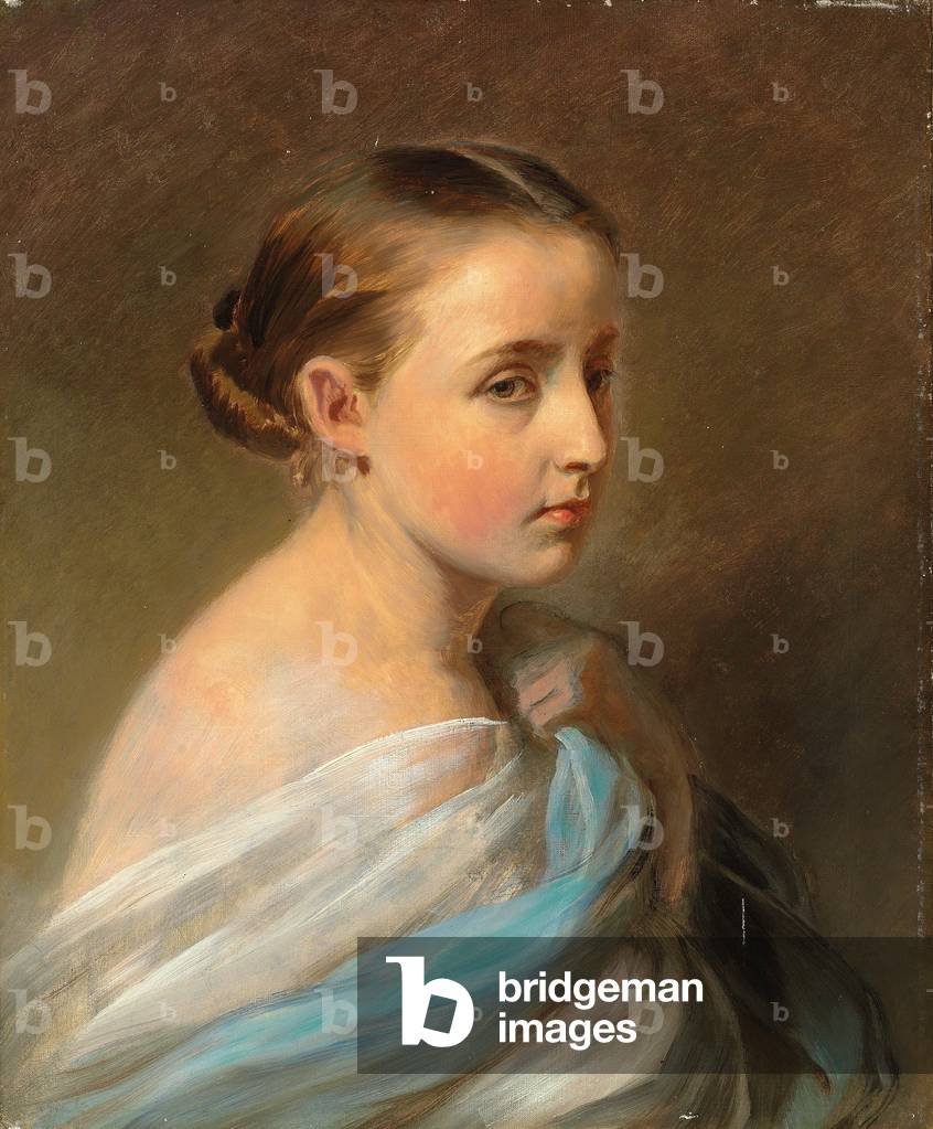 ritratto di una ragazza, testa e spalle, drappeggiato in un blu e bianca avvolgere, c. 1850 (olio su tela)