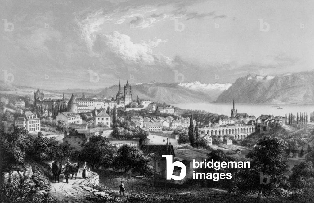 Ansicht von Lausanne in der Schweiz, Gravur von Cuvillier, um 1830