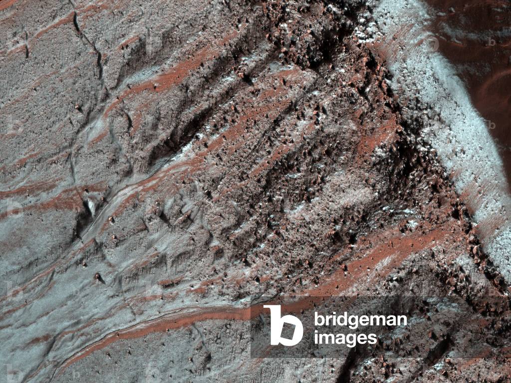"Diese Beobachtung zeigt Gullies in einem halbkreisförmigen Trog in Noachis Terra."