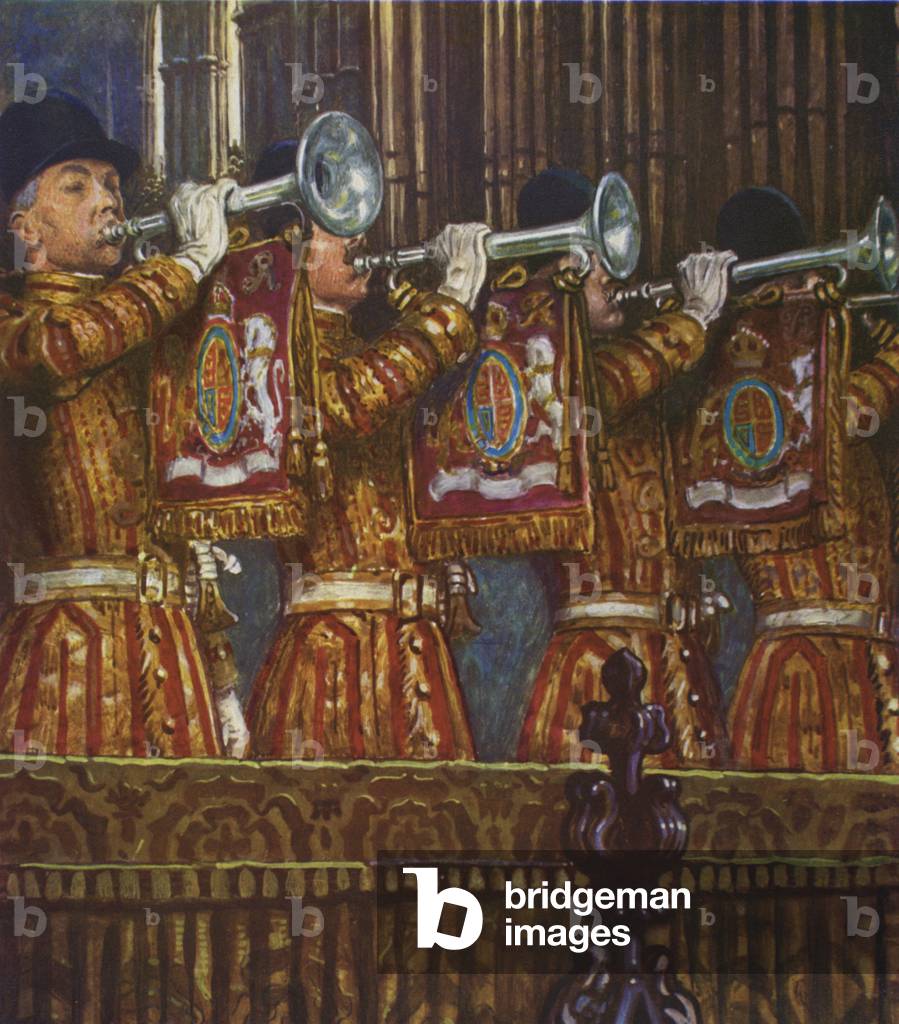 Trombettisti della cavalleria domestica che suona una fanfara (colore lito)