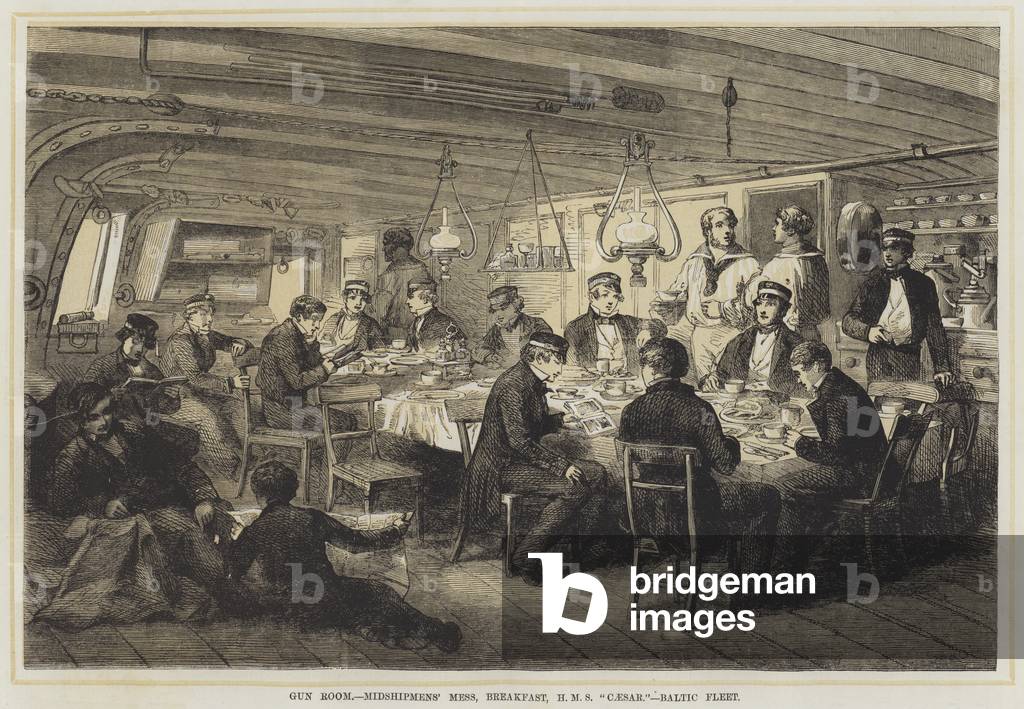 Salle des armes à feu, mess des Midshipmens', petit déjeuner, HMS « Caesar », flotte de la Baltique (couleur l