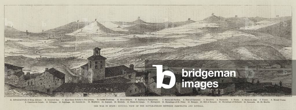The War in Spain, General View of the Battle-Fields between Pampeluna and Estella (engraving)