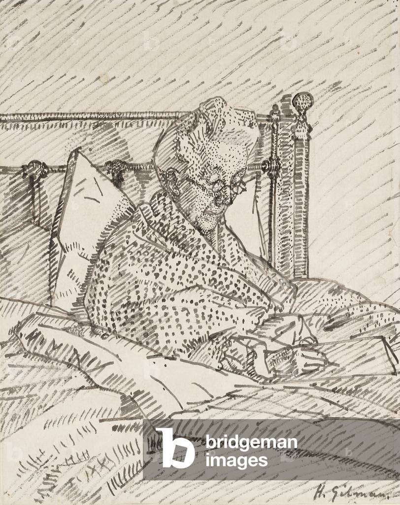 Portrait of the Artist's Mother writing in Bed (reed pen and grey ink over indications in red chalk) by Harold