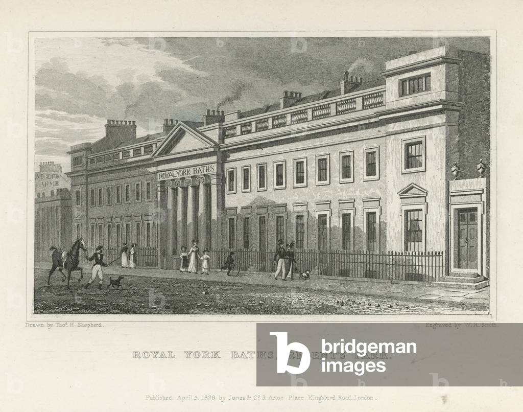 "Die Royal York Bäder auf York Terrasse (Gravur)" von Thomas Hosmer Shepherd, b/w