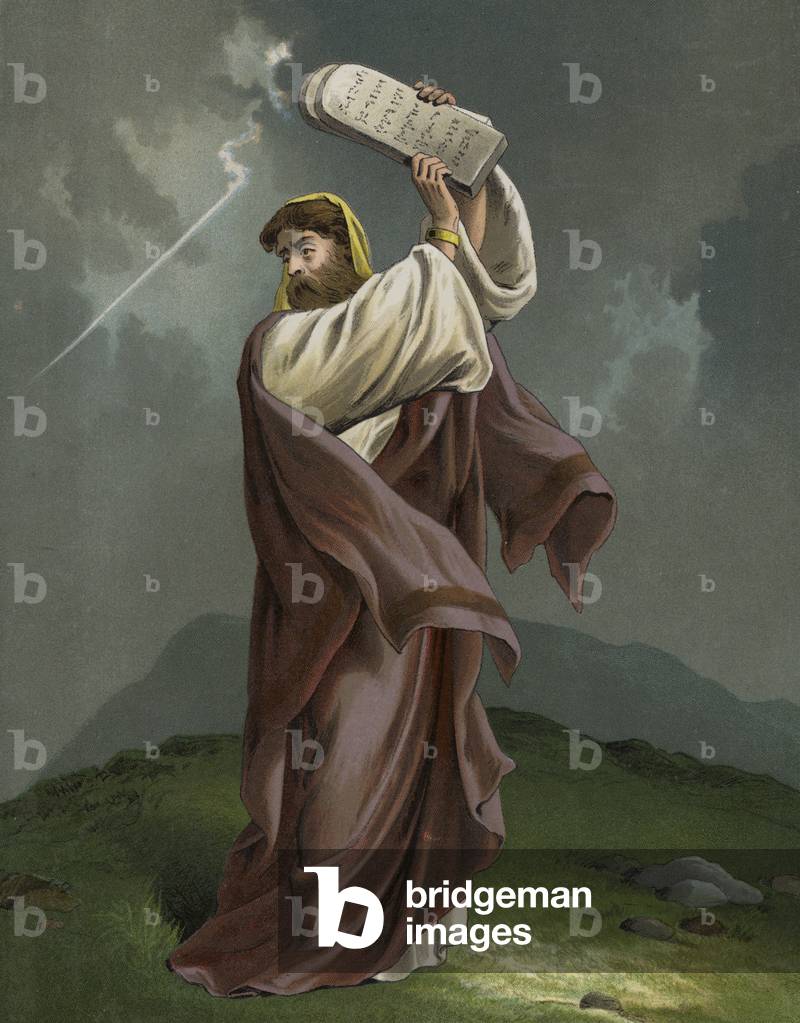 Moïse qui vit l'idolâtrie du peuple (chromolitho) par English School