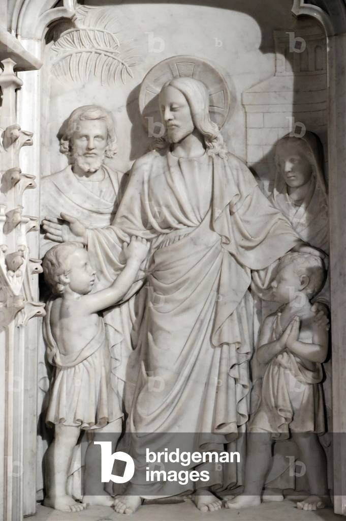 Chiesa di San Nizier, Gesù: Lasciate che i bambini vengano da me, Scultura, Lione, Francia (foto)