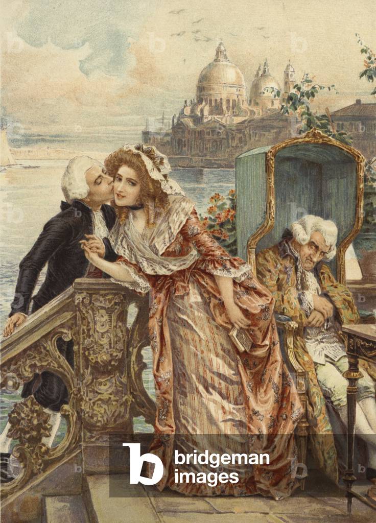 veneziano moglie ricezione un bacio da il suo amante mentre il suo di età marito dorme chromolitho