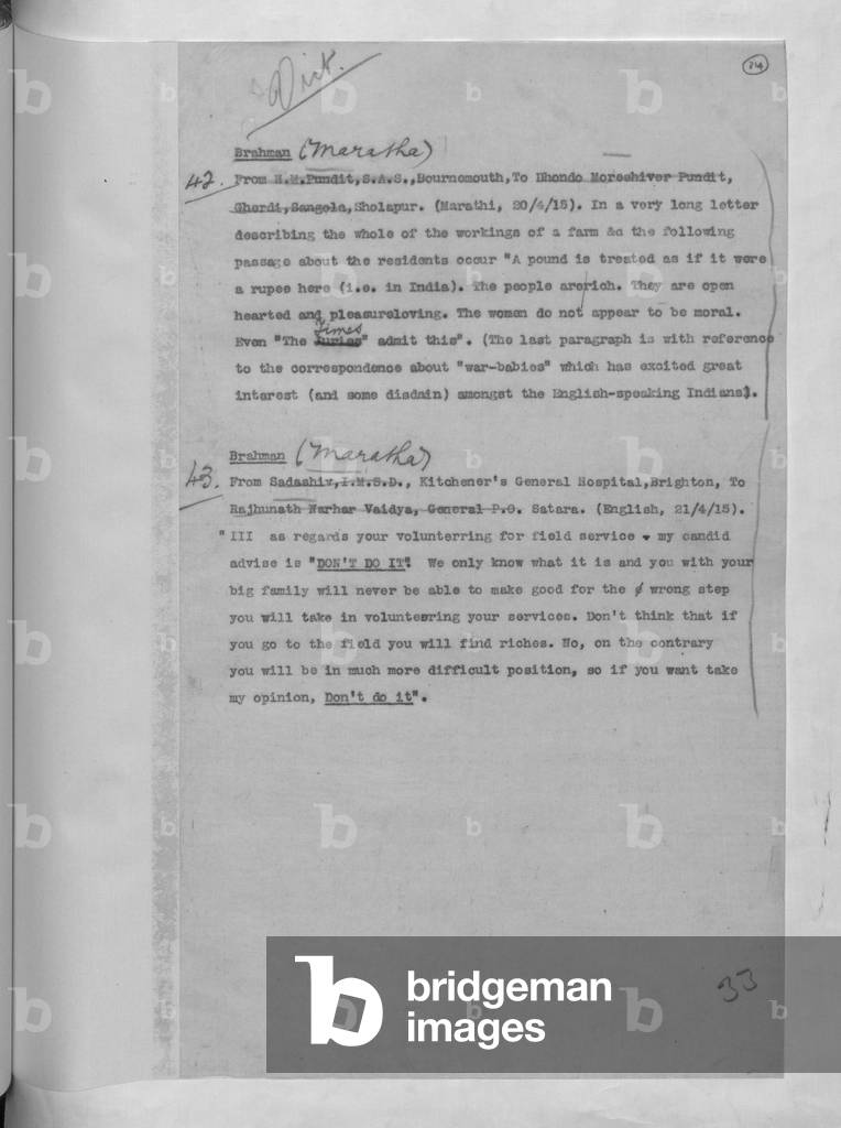 Berichte über den Zensor indischer Mails in Frankreich: Band 1, MS IOR/L/MIL/5/825/3, f. 31 v, 1915 (Schreibsc