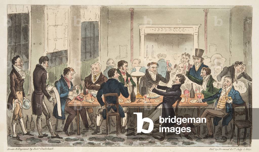 Serata e in High Spirits, una scena al Lang's Hotel, Bond Street, da 'The English Spy', pub. 1824 (incisione c