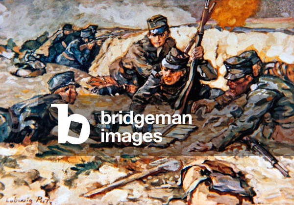 Portare razioni nelle trincee austriache sotto il fuoco dell'artiglieria russa, 1914 (colore lito)