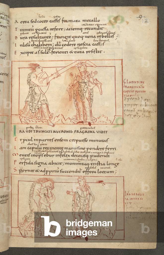 Eine Seite aus einer illustrierten Kopie von Prudentius' Psychomachia mit Titeln für die Illustrationen und Gl