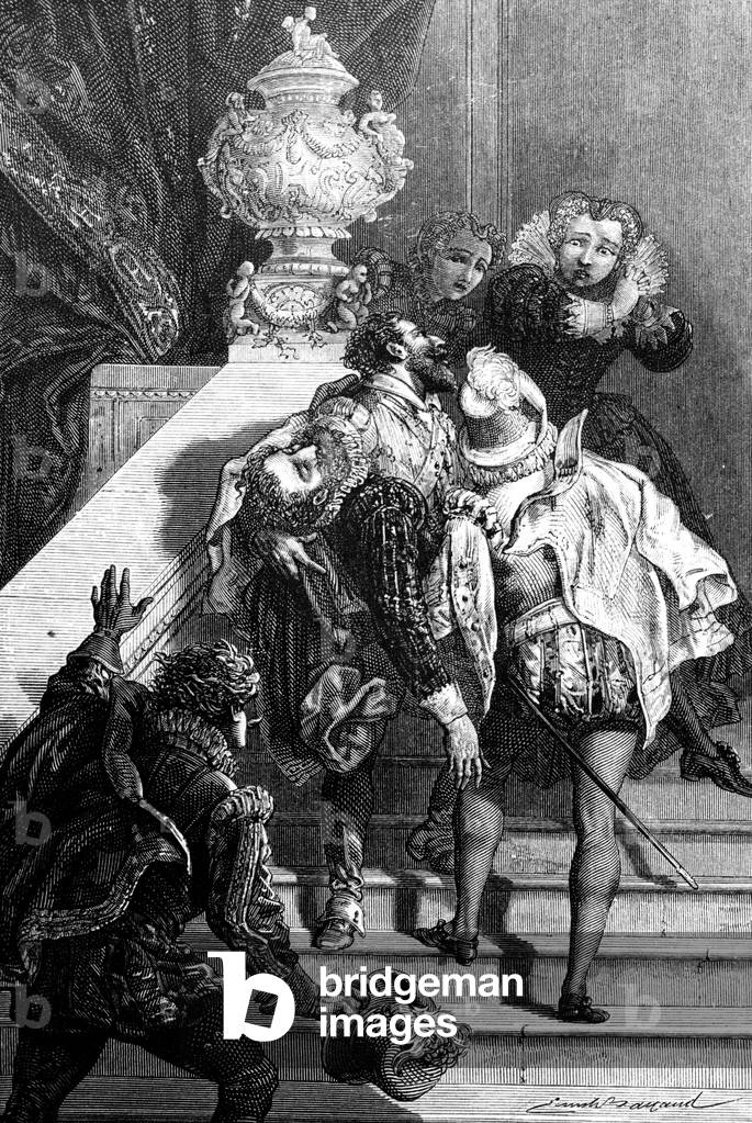 "Corpo del re francese Enrico IV ucciso da Francois Ravaillac viene portato al Louvre: la regina Maria de Medi