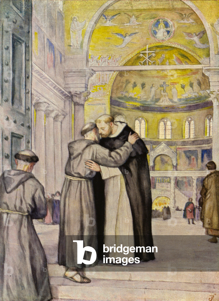 Image of Print depicting Meeting of St Francis and St Dominic (colour litho) 1901 by German Artist