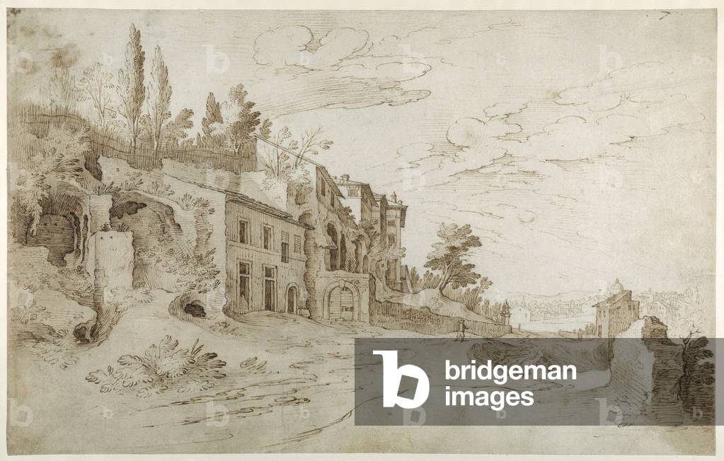 "Häuser unter den Ruinen mit einem entfernten Blick auf Rom (Stift & Tinte mit waschen auf Papier)" von Sebast
