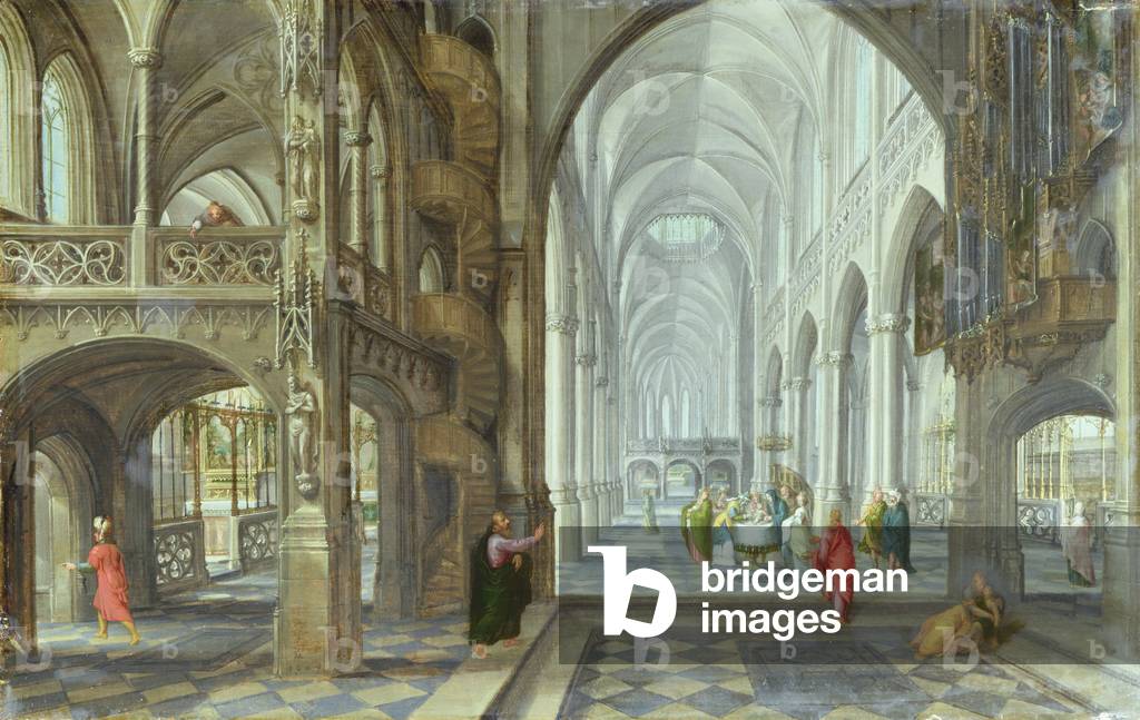 Image de Peinture représentant L'intérieur d'une église gothique avec la circoncision du Christ se déroulant d