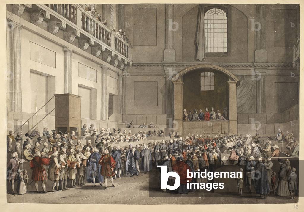 Der Gründungs-Service im Banketthaus, Whitehall. Das Innere der Kapelle Royal mit Georg III. und Charlotte beo