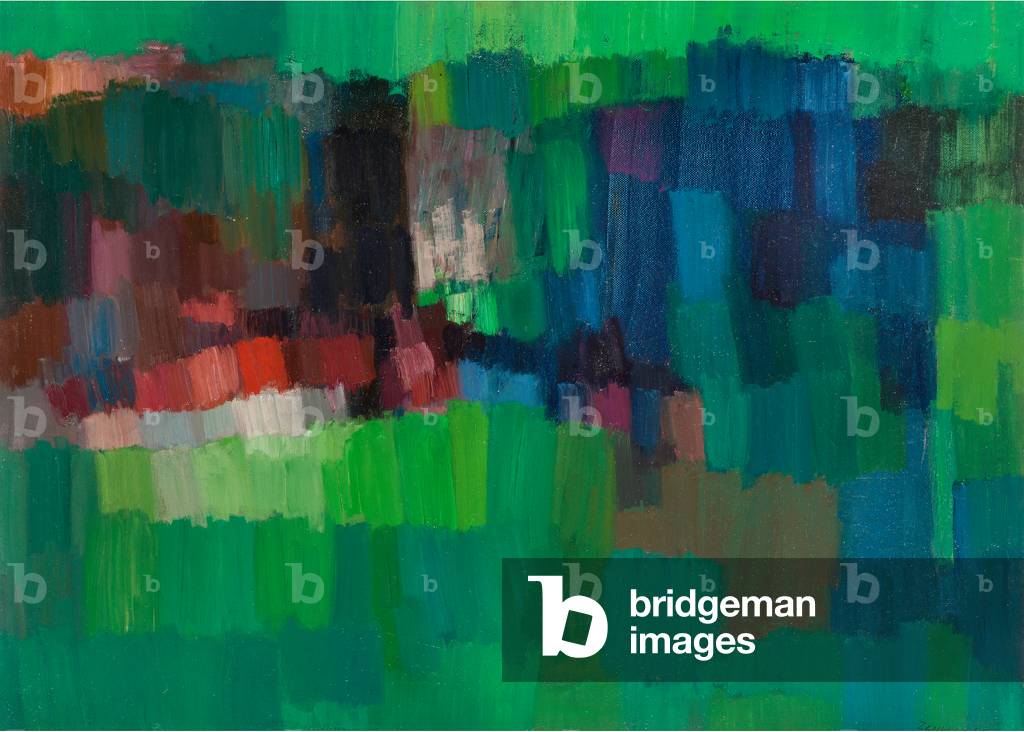 Prato, case, colline, 1966 (olio su tela)