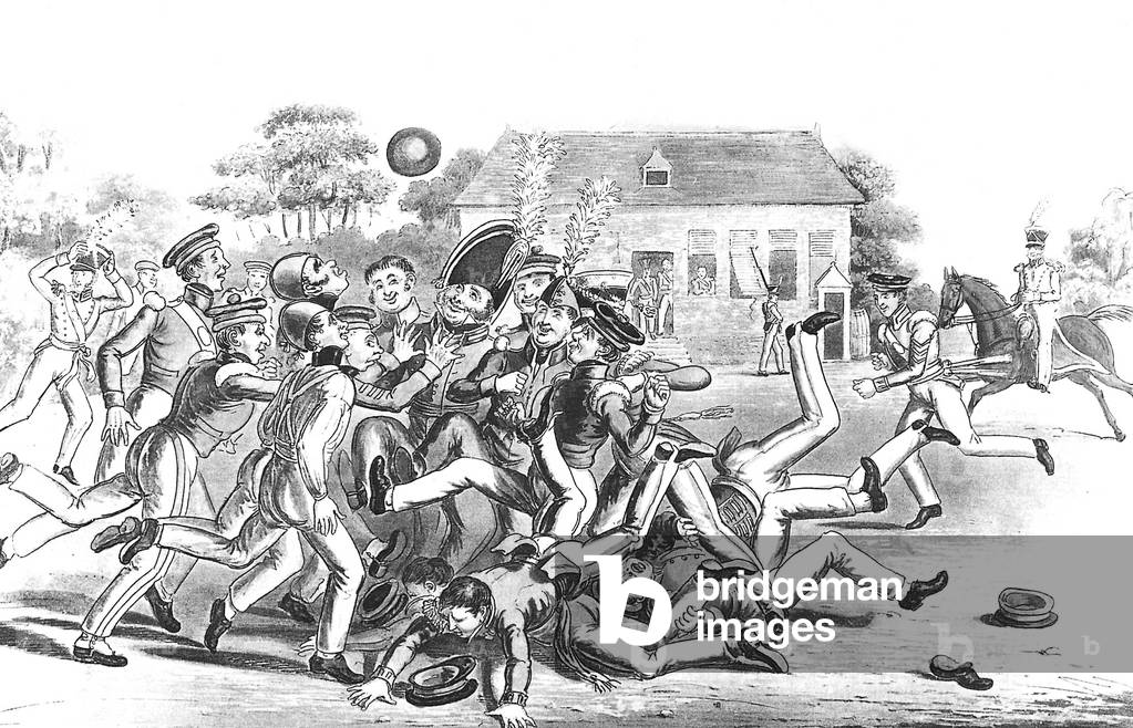 Jeu de football joué par des soldats anglais à la fin du XVIIIe siècle, dessin animé par Cruikshank, gravure