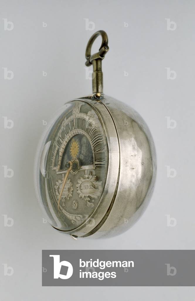Seitenansicht einer Paar-Gehäuse-Verge-Uhr, um 1685 (Silber)
