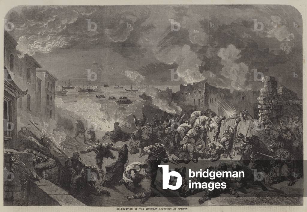 Destruction des usines européennes à Canton (gravure) par Gustave Dore, b/w
