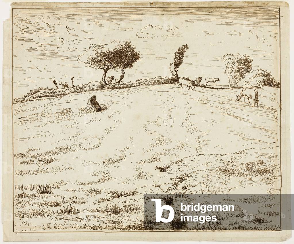 Image of Drawing depicting Landscape - Hillside in Gruchy 1869 by Jean-Francois Millet, b/w