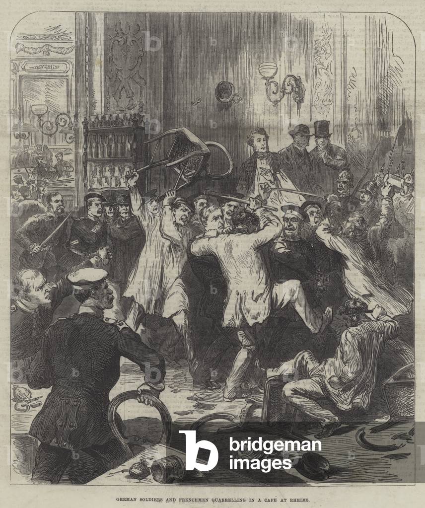 German Soldiers and Frenchmen quarrelling in a Cafe at Rheims (engraving) by English Artist, b/w